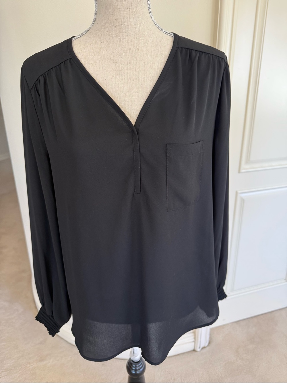Pleione Black V-Neck Long Sleeve Blouse with Chest Pocket